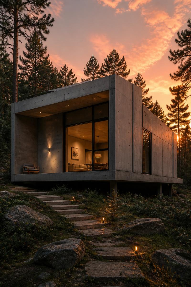 Casa modular minimalista ao pôr do sol numa paisagem florestal