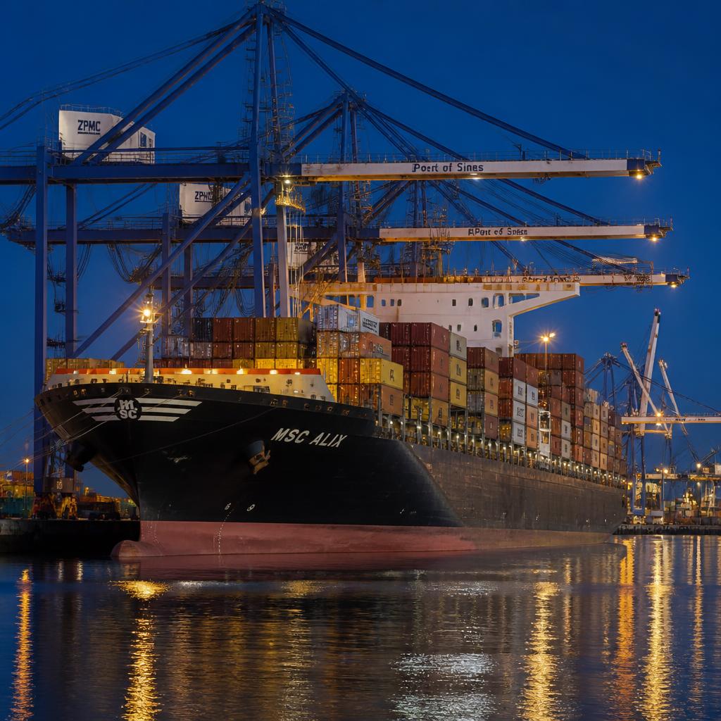 Navio porta-contentores atracado no cais a ser descarregado por gruas gantry — importação marítima para Portugal